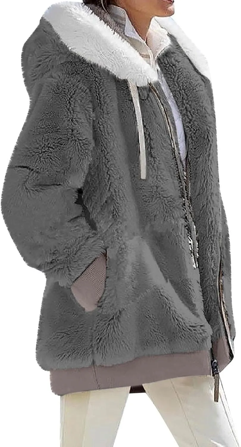 lcyhony Winter Coats for Women Sherpa Fleece Warm Comfy Zip Up Jackets Plus Size Faux Fur Hooded Outerwear with Pockets