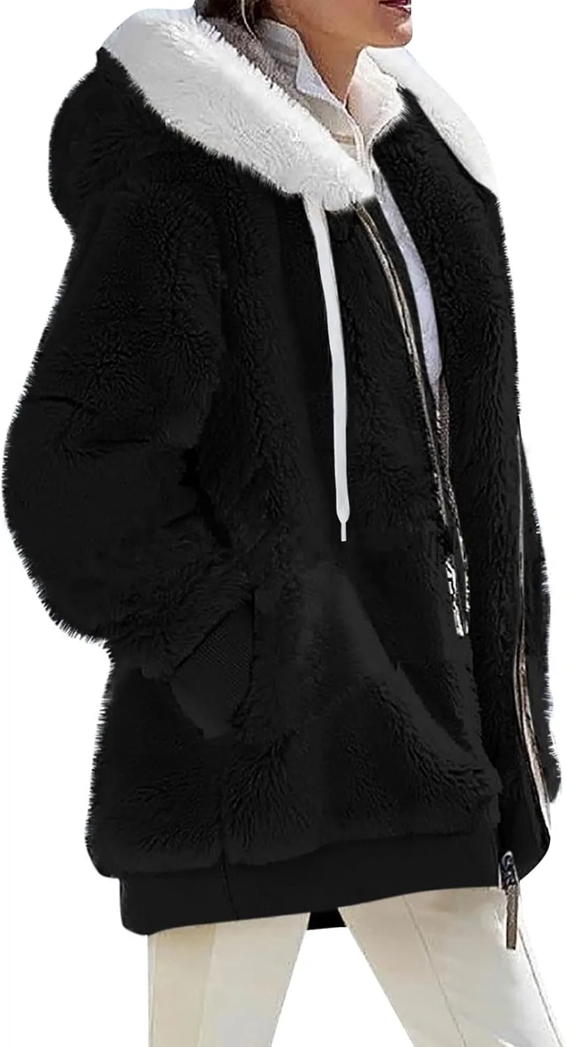 lcyhony Winter Coats for Women Sherpa Fleece Warm Comfy Zip Up Jackets Plus Size Faux Fur Hooded Outerwear with Pockets