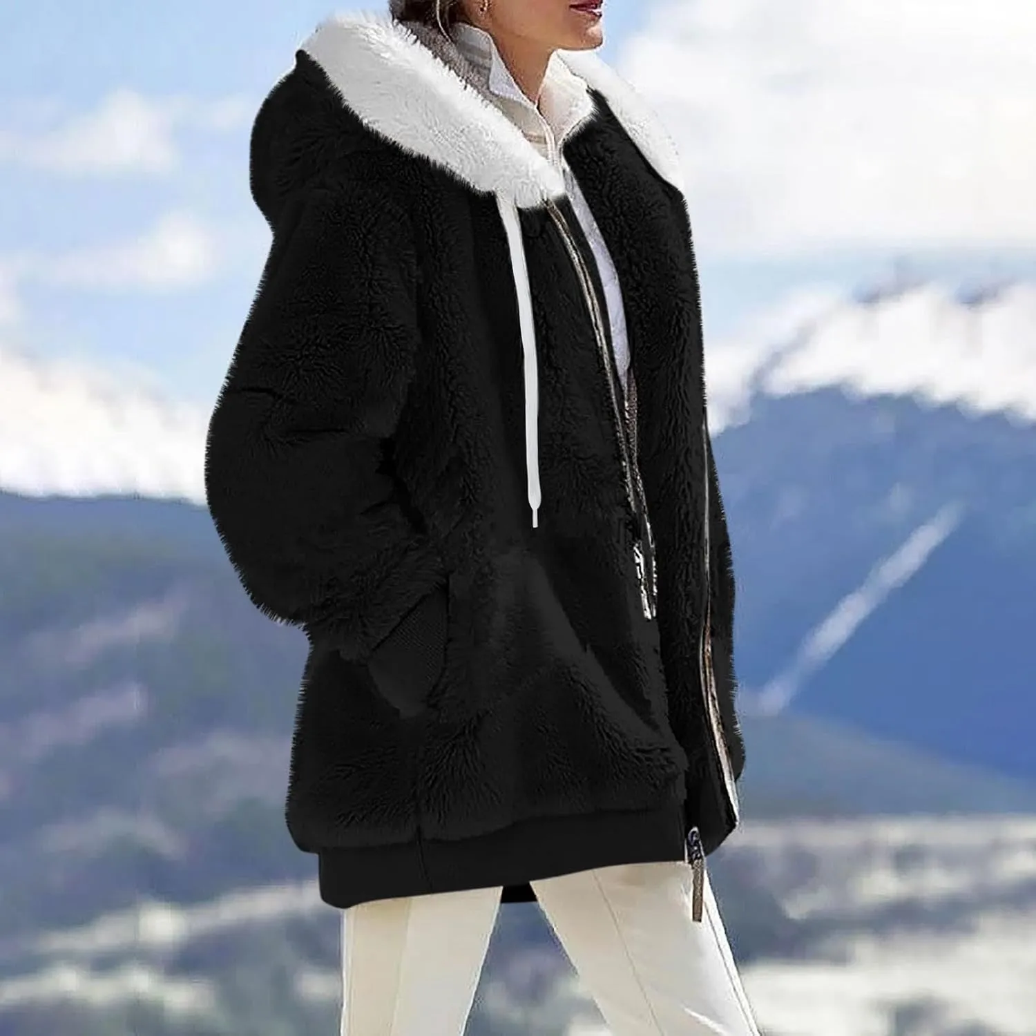 lcyhony Winter Coats for Women Sherpa Fleece Warm Comfy Zip Up Jackets Plus Size Faux Fur Hooded Outerwear with Pockets