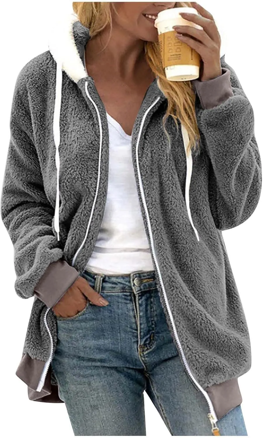 lcyhony Winter Coats for Women Sherpa Fleece Warm Comfy Zip Up Jackets Plus Size Faux Fur Hooded Outerwear with Pockets