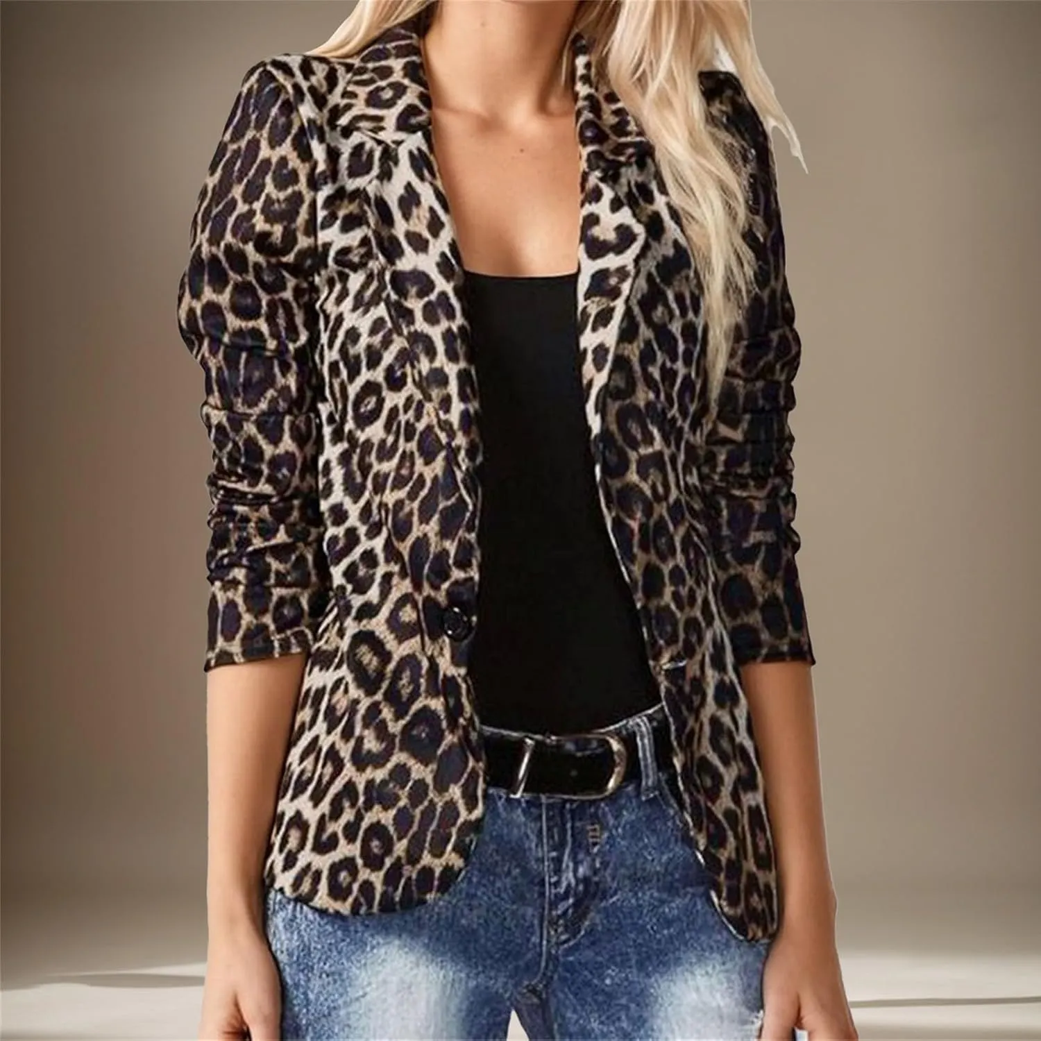 Leopard Fitted Blazers for Women Dressy Notched Lapel Suit Jacket Business Casual Outfits, Single-Button Outwear with Pockets