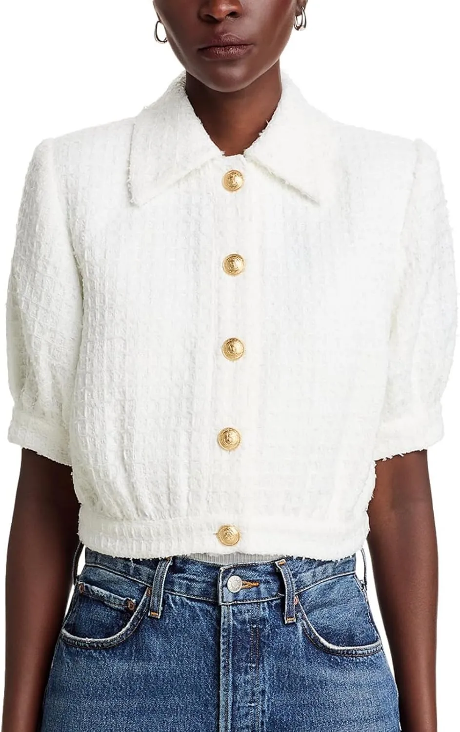LifeShe Tweed Blazers for Women Cropped Short Sleeve Jacket Summer Work Business Casual Coat No Pockets