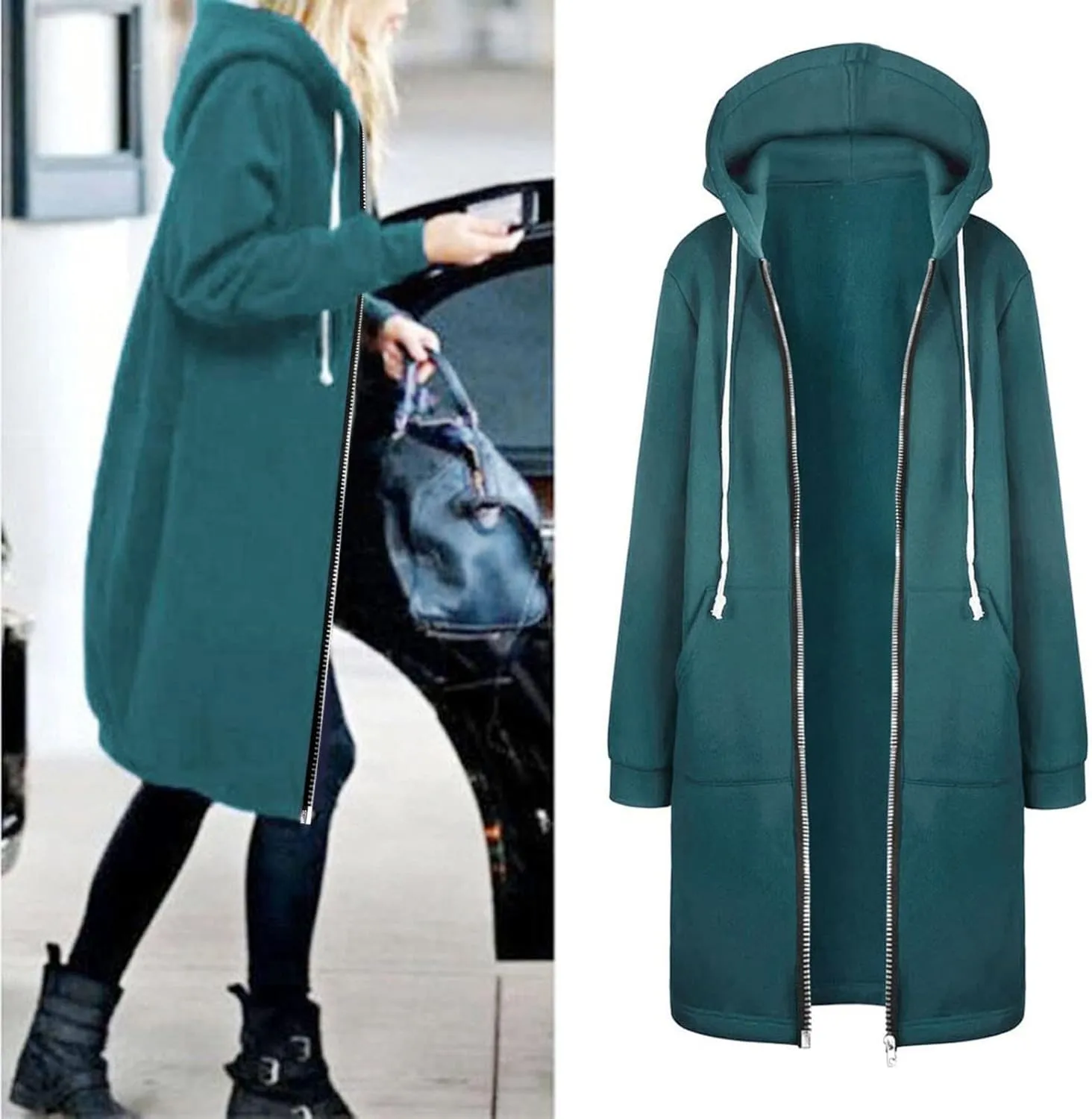 Long Hoodie for Women Zip Up Drawstring Fleece Warm Oversized Sweatshirt Jackets Fall Winter Open Front Cardigan Coat