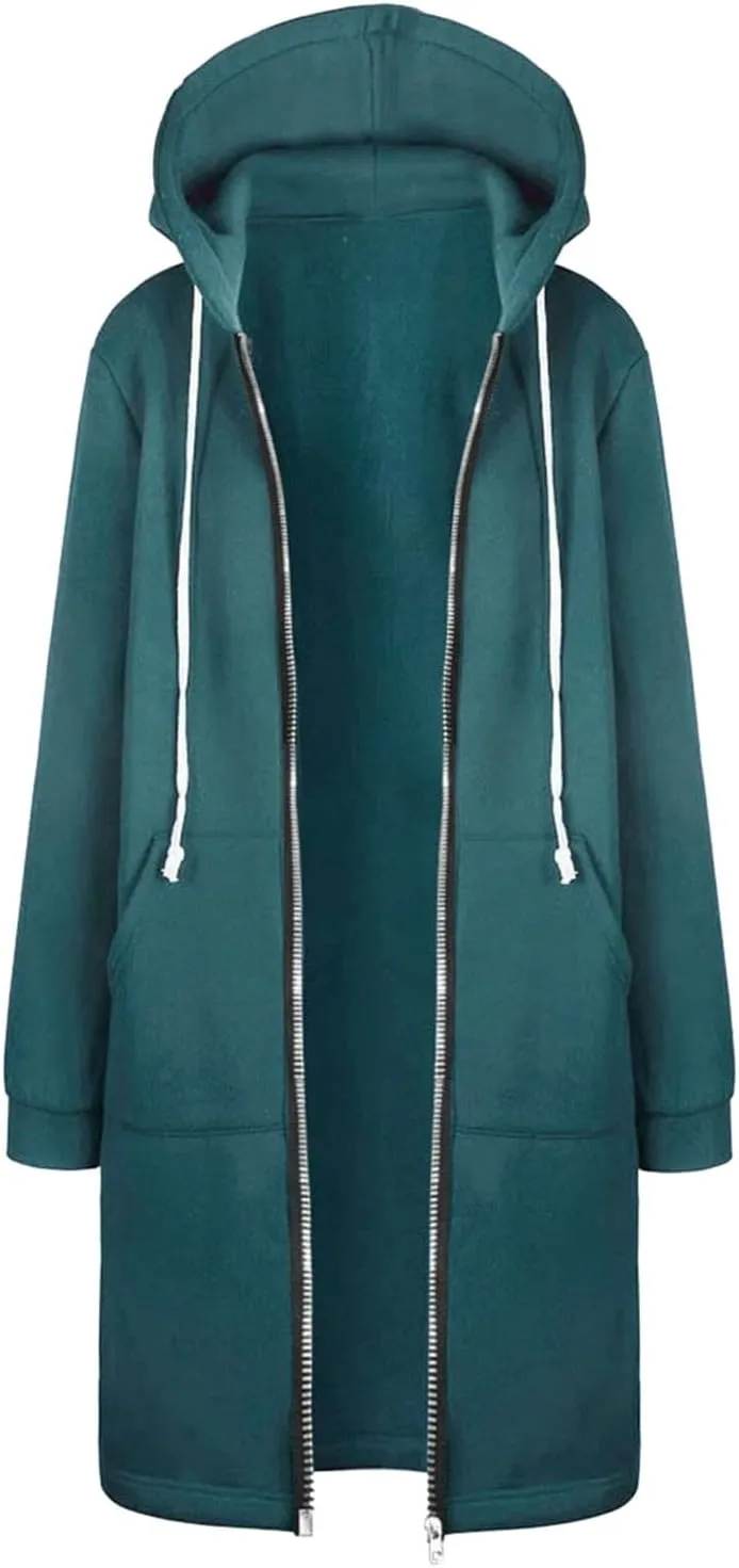 Long Hoodie for Women Zip Up Drawstring Fleece Warm Oversized Sweatshirt Jackets Fall Winter Open Front Cardigan Coat