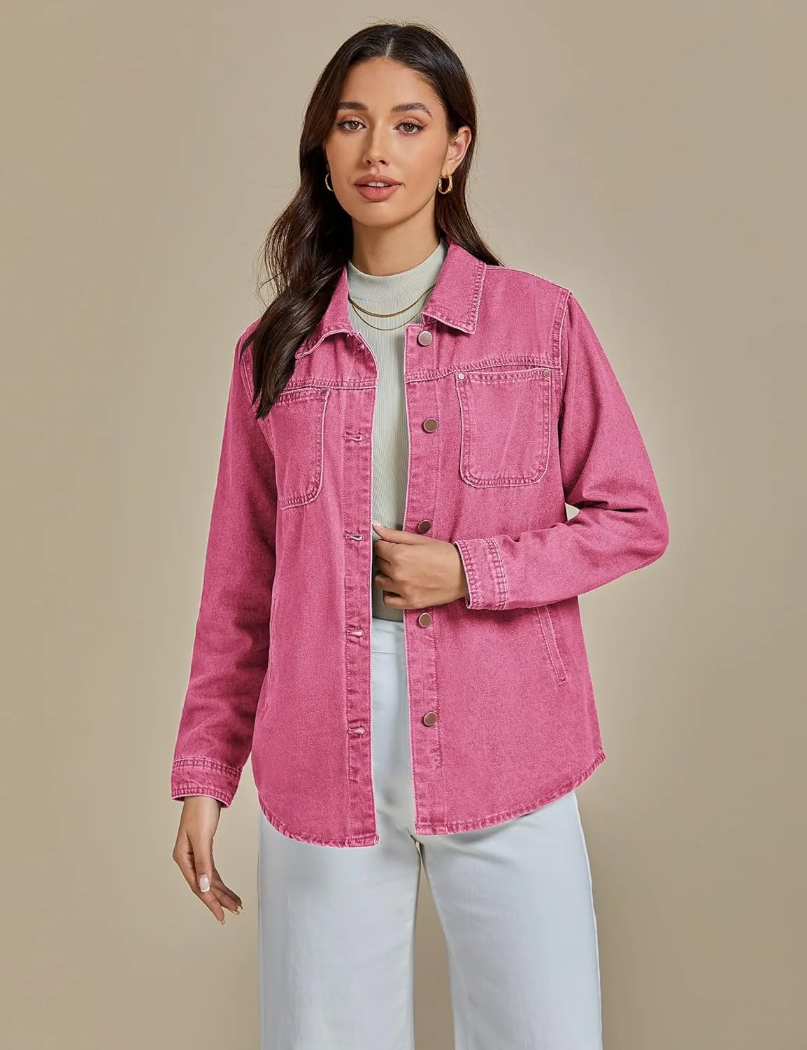 luvamia Denim Jackets for Women Trendy Long Sleeve Button Down Shirt Jacket Jean Shacket with Pocket Western Work Jacket