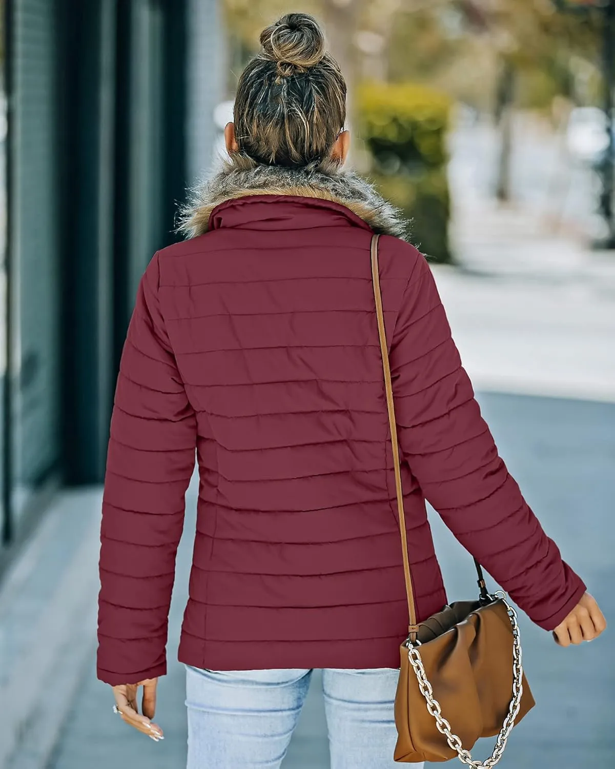 luvamia Women Casual Warm Winter Faux Fur Quilted Parka Lapel Zip Jacket Puffer Coat