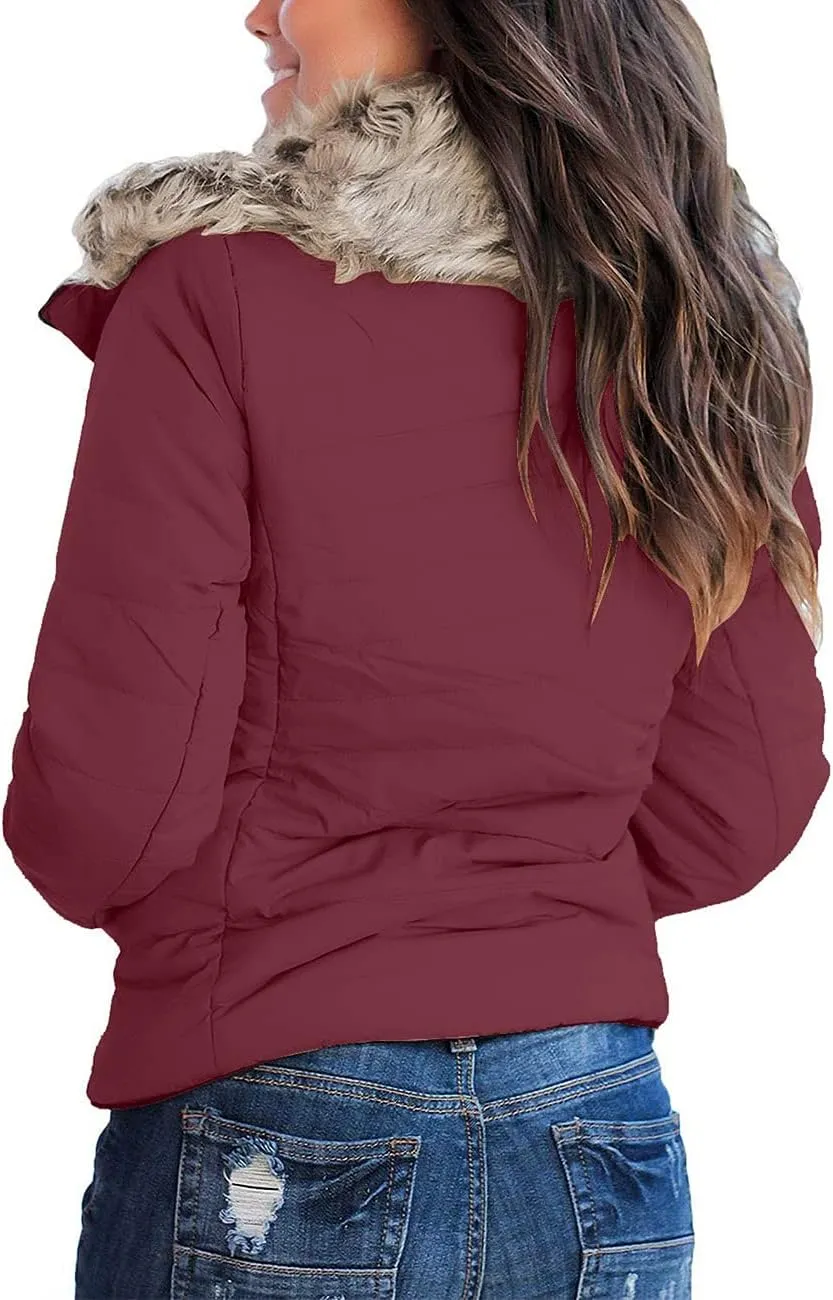 luvamia Women Casual Warm Winter Faux Fur Quilted Parka Lapel Zip Jacket Puffer Coat