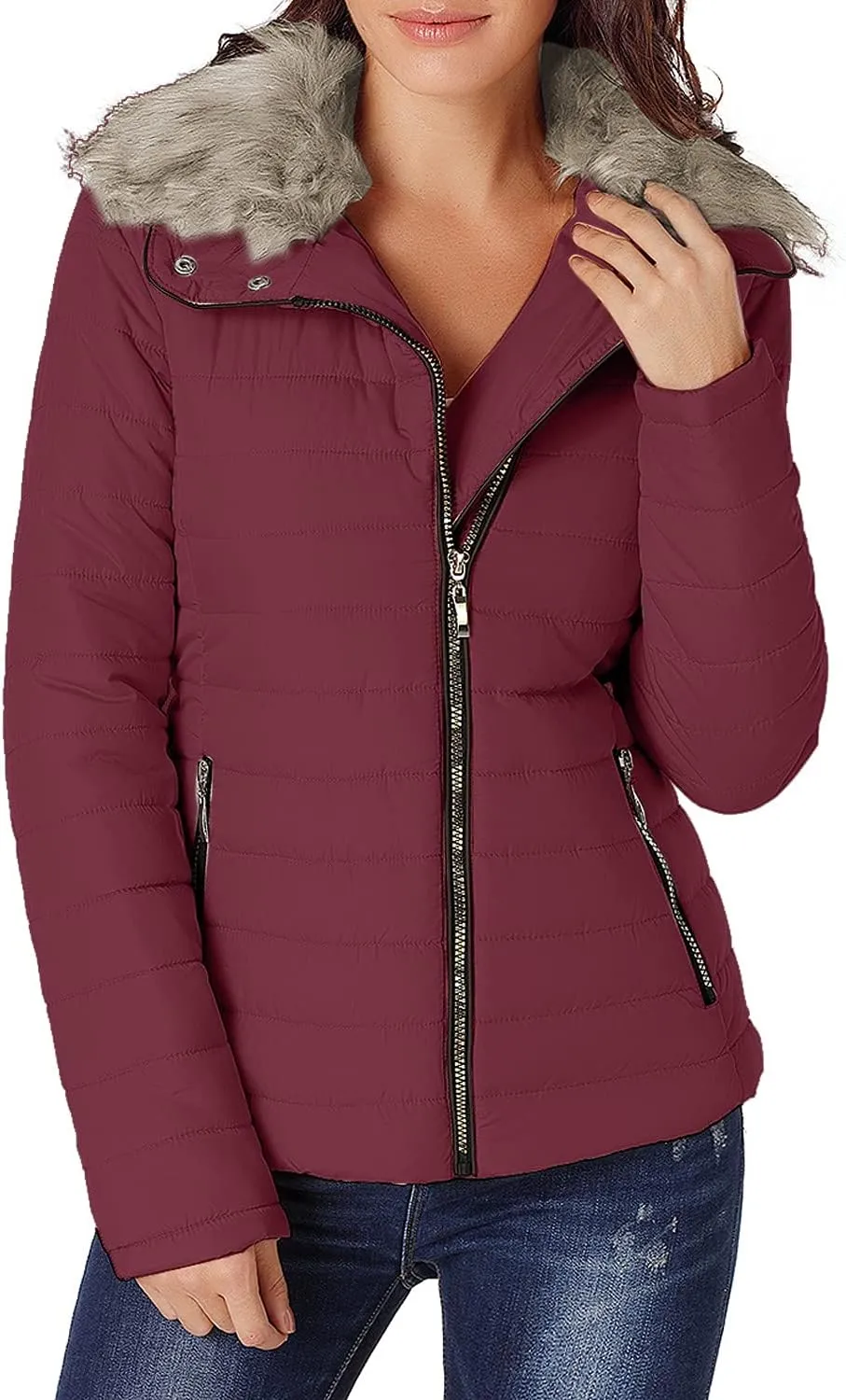 luvamia Women Casual Warm Winter Faux Fur Quilted Parka Lapel Zip Jacket Puffer Coat