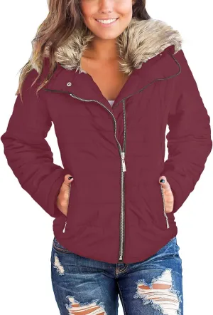 luvamia Women Casual Warm Winter Faux Fur Quilted Parka Lapel Zip Jacket Puffer Coat