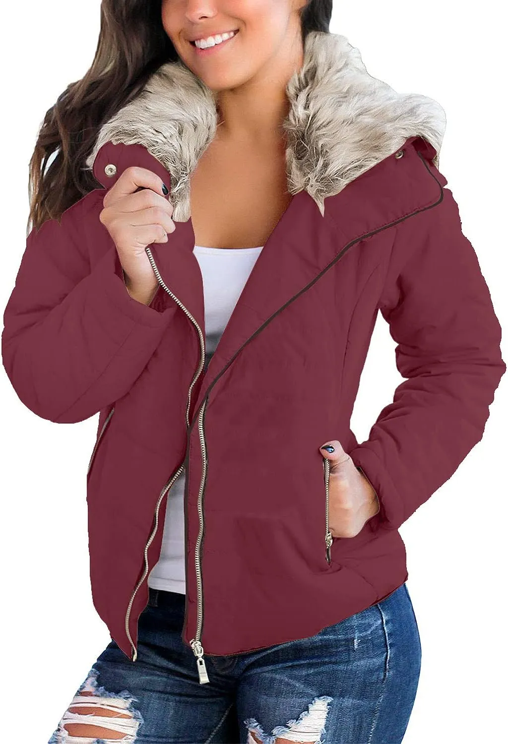 luvamia Women Casual Warm Winter Faux Fur Quilted Parka Lapel Zip Jacket Puffer Coat