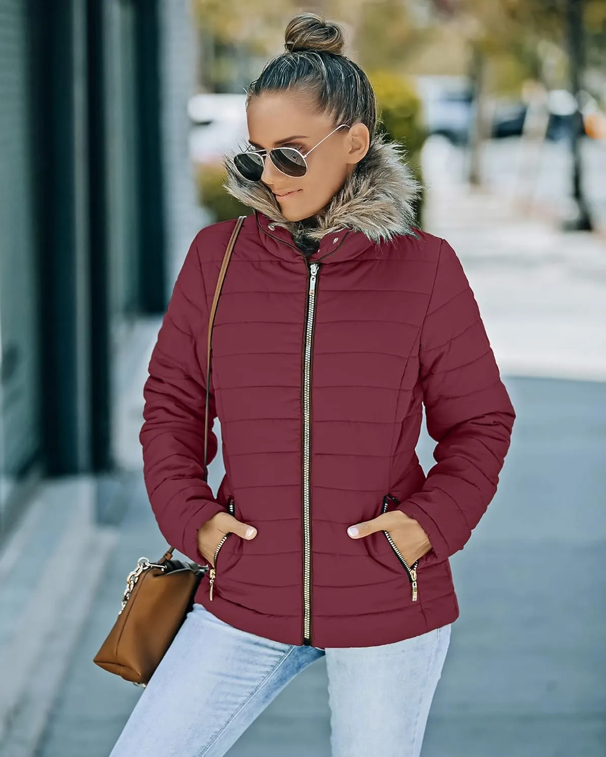 luvamia Women Casual Warm Winter Faux Fur Quilted Parka Lapel Zip Jacket Puffer Coat