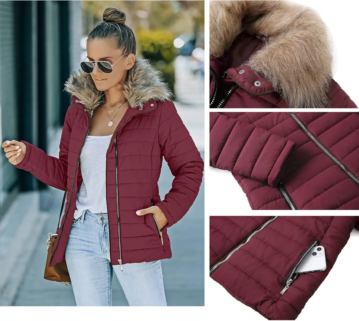 luvamia Women Casual Warm Winter Faux Fur Quilted Parka Lapel Zip Jacket Puffer Coat