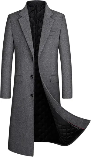 Maiyifu-GJ Men Full Length Trench Coats Slim Fit Single Breasted Long Top Pea Coat Premium Winter Wool Blend Overcoat Jacket