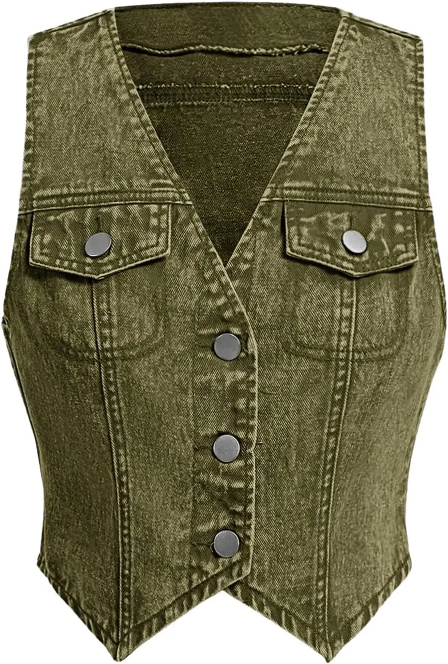 MakeMeChic Women's Denim Vest Button Down Asymmetrical Crop Top Sleeveless V Neck Y2K Jacket