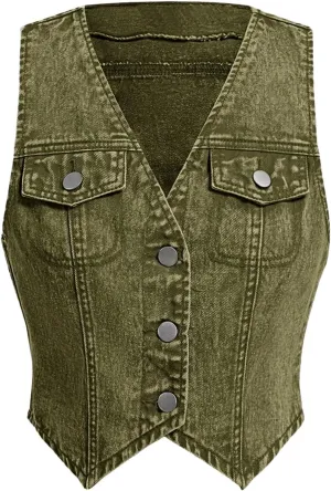 MakeMeChic Women's Denim Vest Button Down Asymmetrical Crop Top Sleeveless V Neck Y2K Jacket