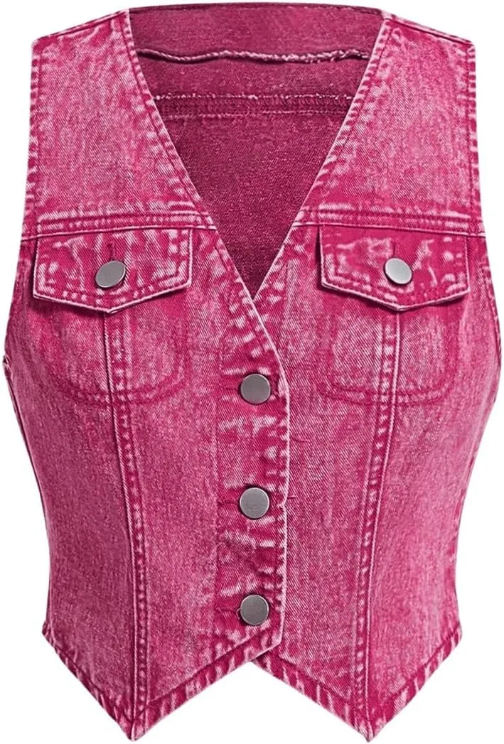 MakeMeChic Women's Denim Vest Button Down Asymmetrical Crop Top Sleeveless V Neck Y2K Jacket
