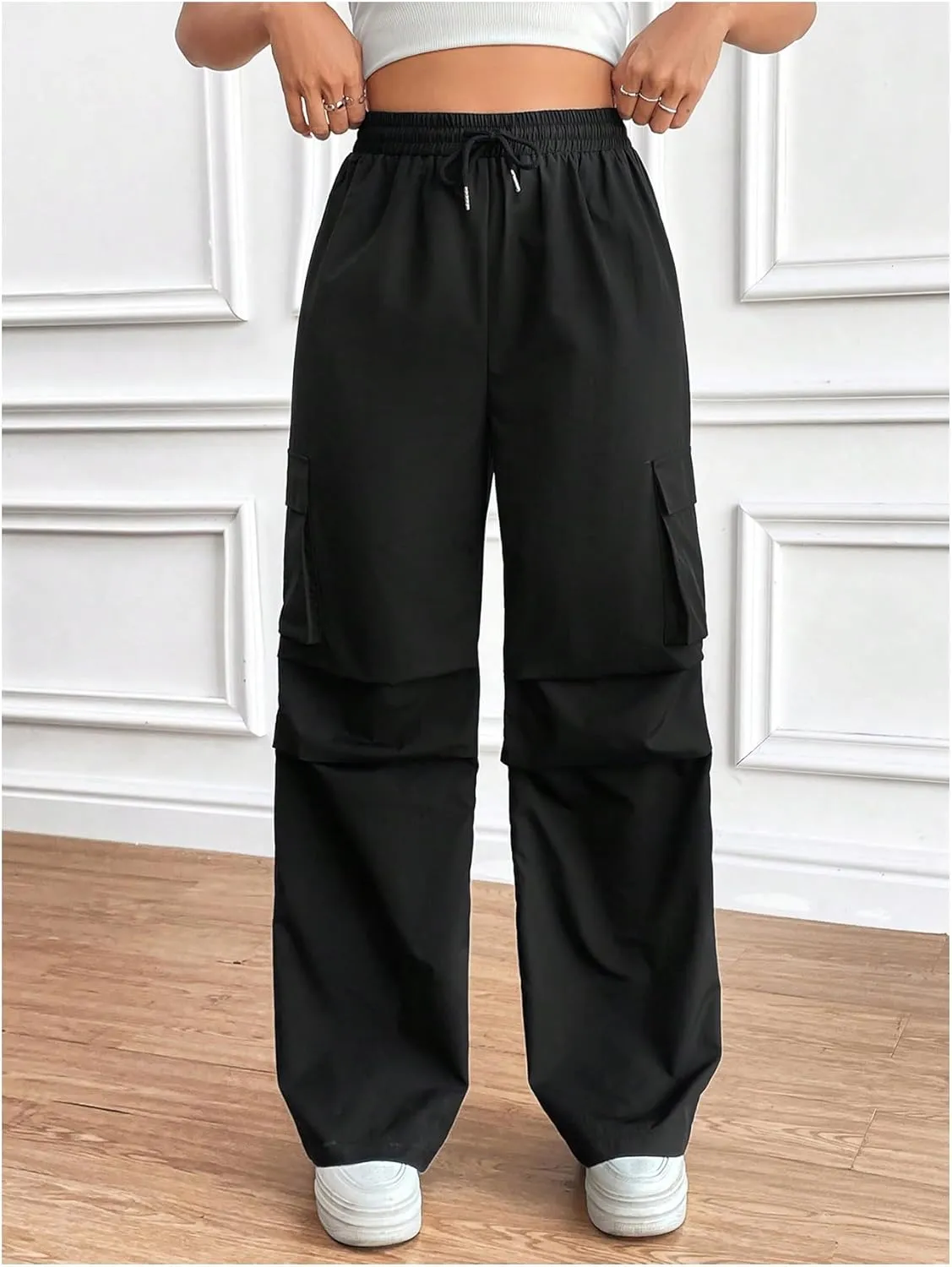 MakeMeChic Women's Drawstring Waist Cargo Pants Flap Pocket Side Wide Leg Trousers