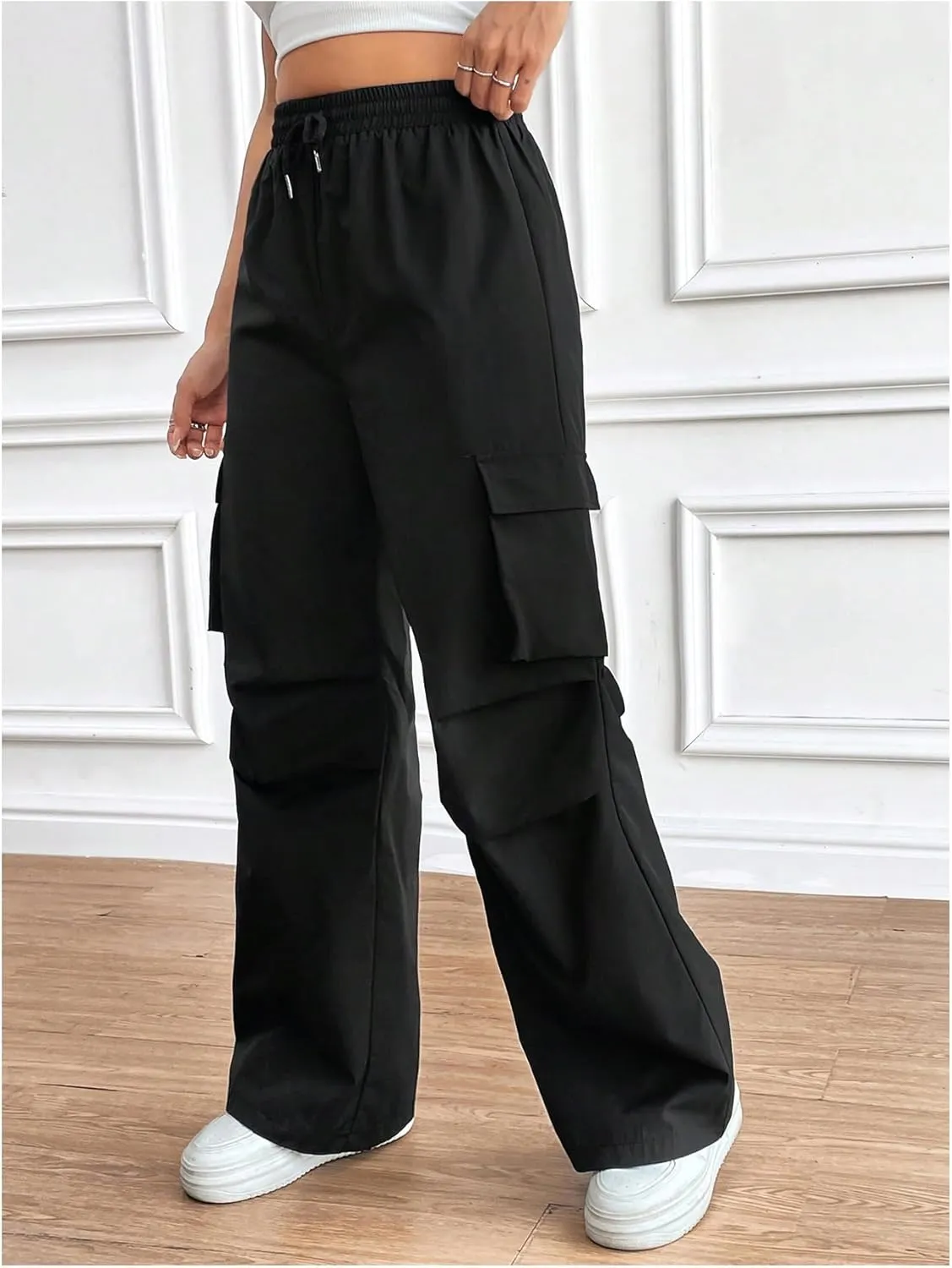 MakeMeChic Women's Drawstring Waist Cargo Pants Flap Pocket Side Wide Leg Trousers