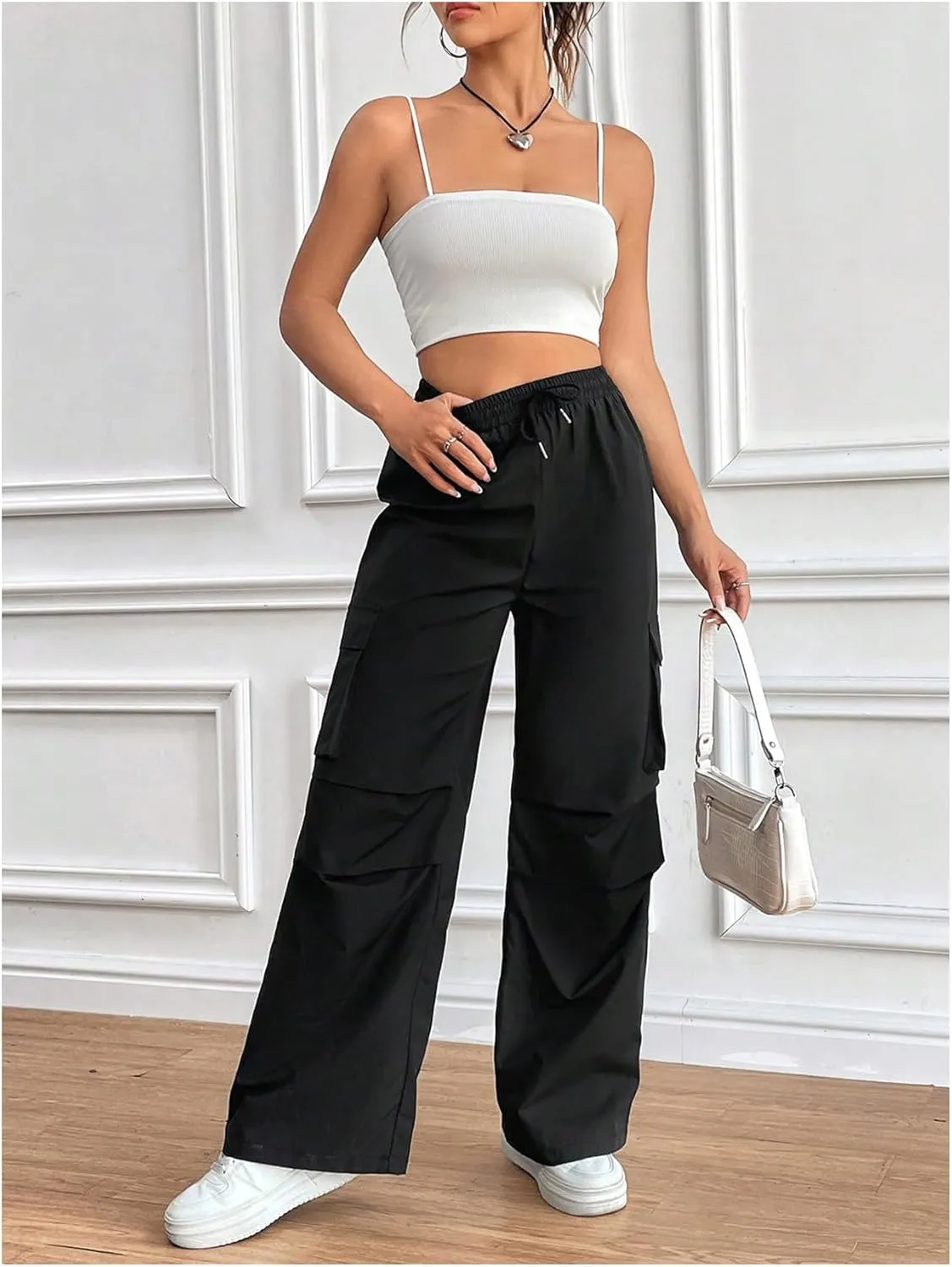 MakeMeChic Women's Drawstring Waist Cargo Pants Flap Pocket Side Wide Leg Trousers