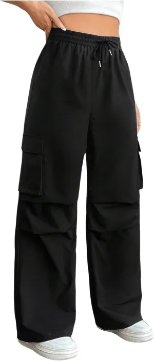 MakeMeChic Women's Drawstring Waist Cargo Pants Flap Pocket Side Wide Leg Trousers