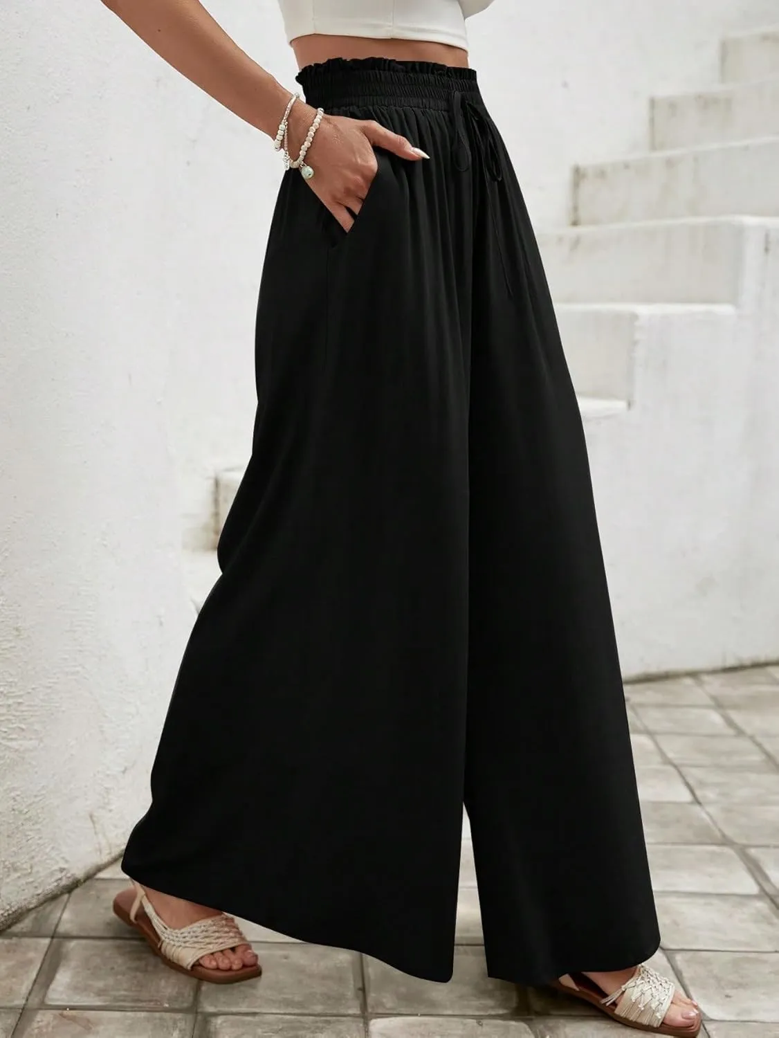 MakeMeChic Women's Floral Wide Leg Trousers Elastic High Waist Frill Trim Loose Long Palazzo Pants