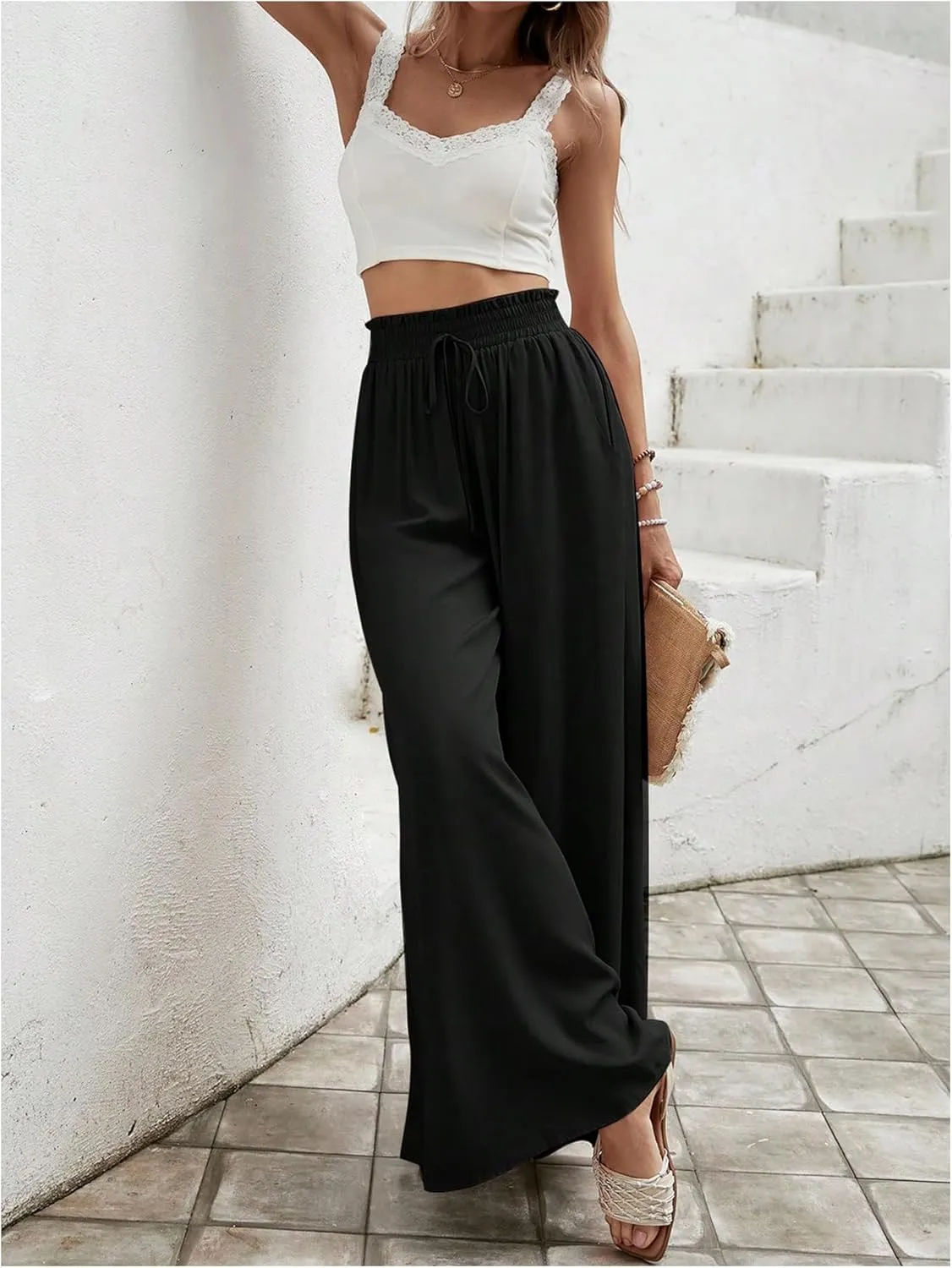 MakeMeChic Women's Floral Wide Leg Trousers Elastic High Waist Frill Trim Loose Long Palazzo Pants