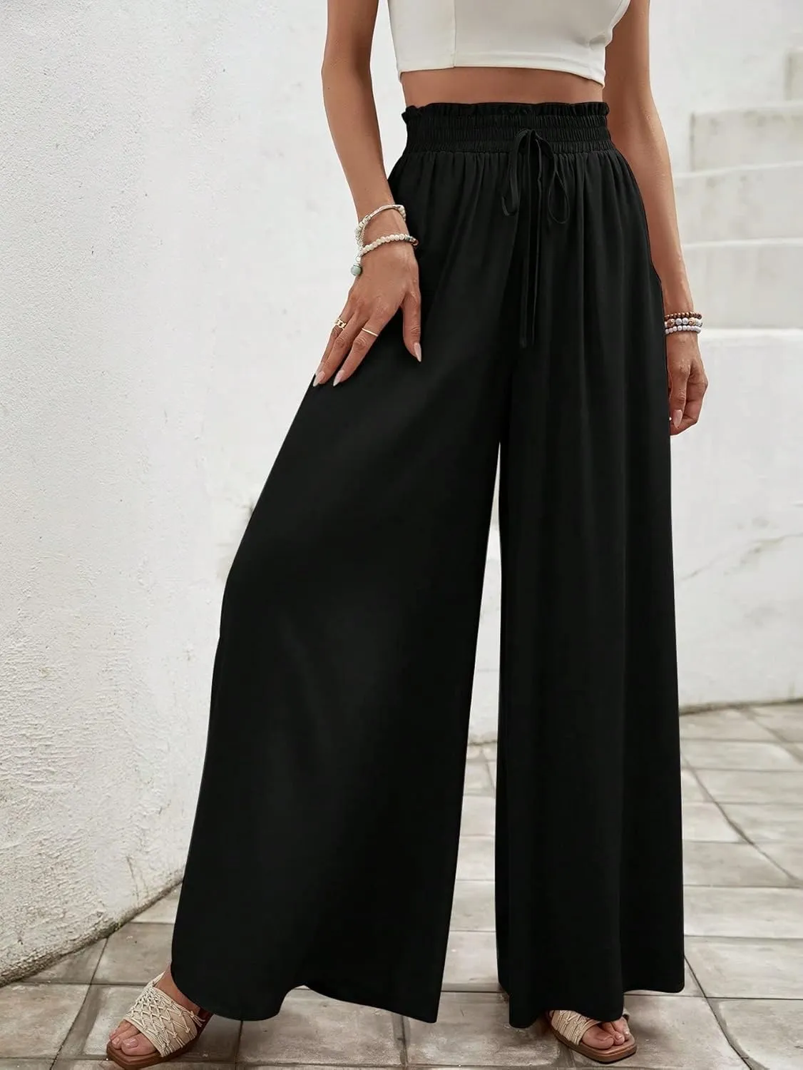 MakeMeChic Women's Floral Wide Leg Trousers Elastic High Waist Frill Trim Loose Long Palazzo Pants