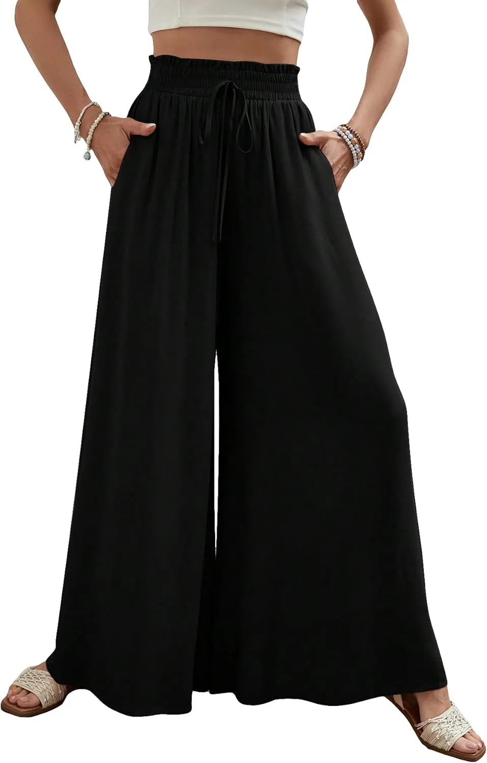 MakeMeChic Women's Floral Wide Leg Trousers Elastic High Waist Frill Trim Loose Long Palazzo Pants