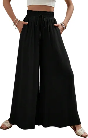 MakeMeChic Women's Floral Wide Leg Trousers Elastic High Waist Frill Trim Loose Long Palazzo Pants