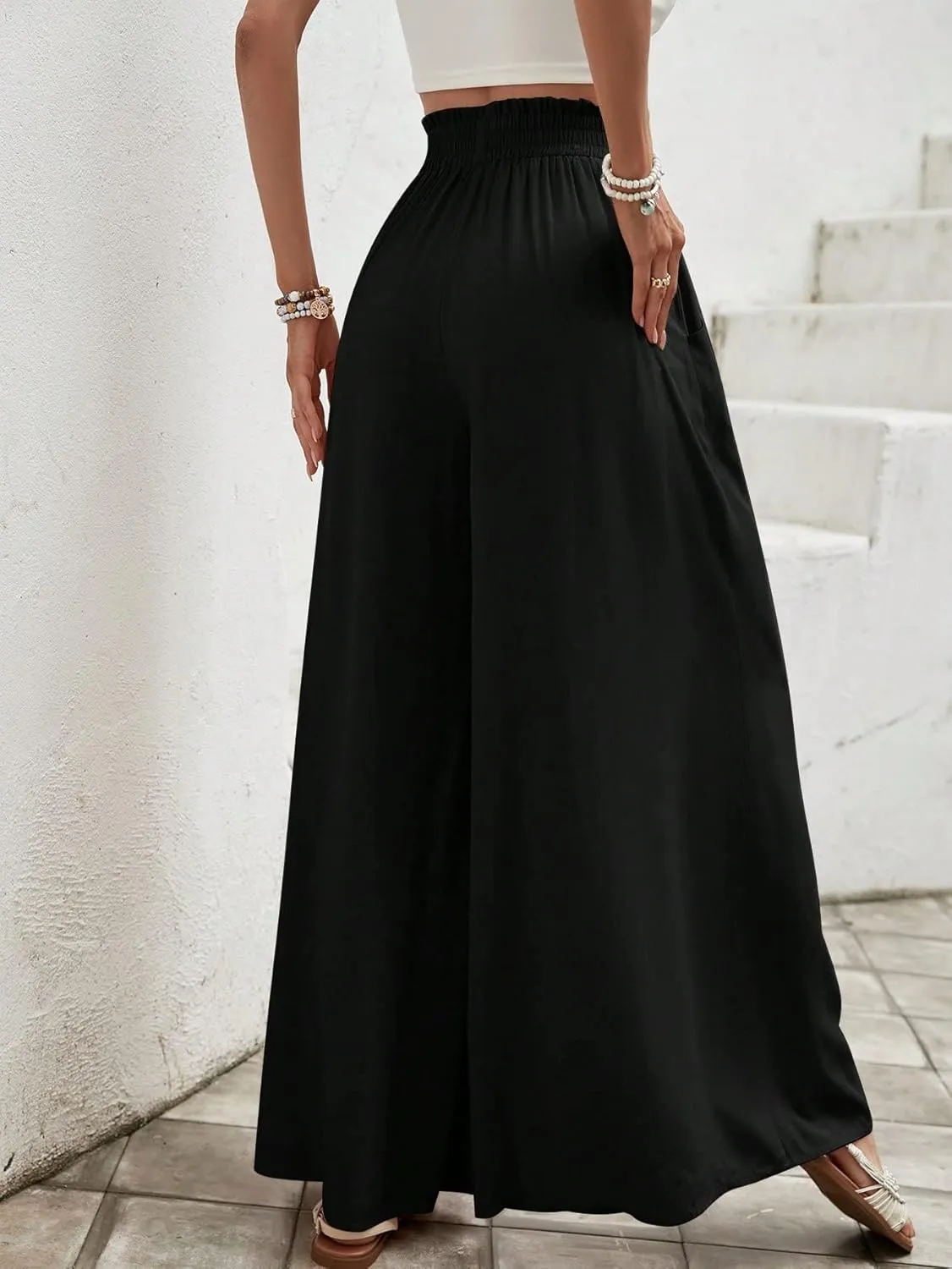 MakeMeChic Women's Floral Wide Leg Trousers Elastic High Waist Frill Trim Loose Long Palazzo Pants