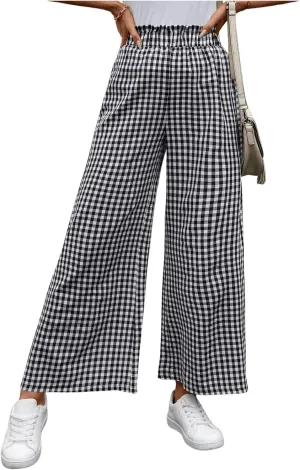 MakeMeChic Women's Gingham Palazzo Long Pants Elastic Waist Wide Leg Frill Trim Straight Loose Trousers