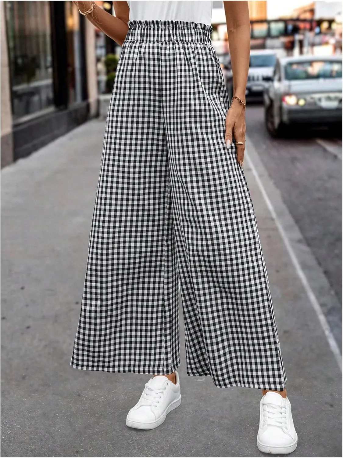 MakeMeChic Women's Gingham Palazzo Long Pants Elastic Waist Wide Leg Frill Trim Straight Loose Trousers