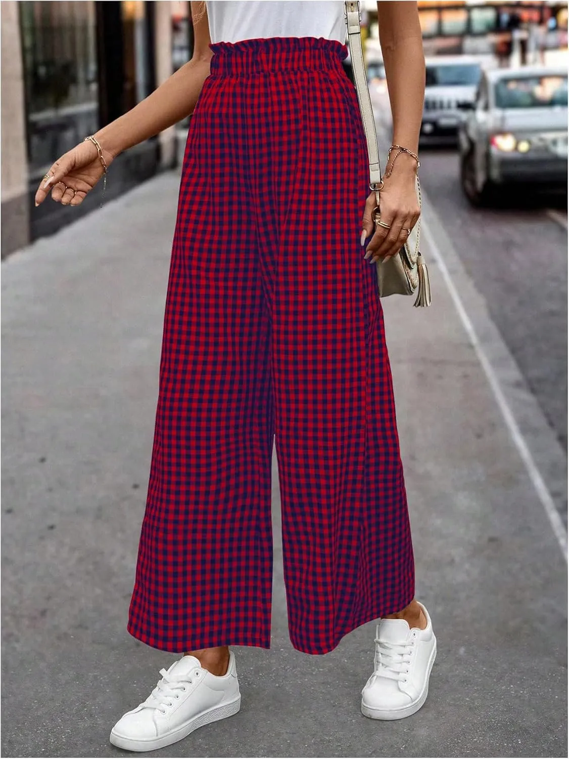 MakeMeChic Women's Gingham Palazzo Long Pants Elastic Waist Wide Leg Frill Trim Straight Loose Trousers