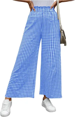 MakeMeChic Women's Gingham Palazzo Long Pants Elastic Waist Wide Leg Frill Trim Straight Loose Trousers