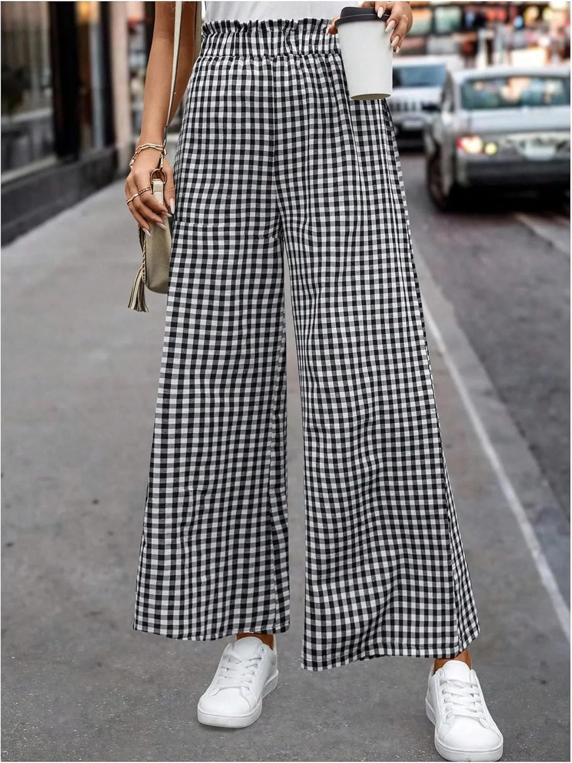 MakeMeChic Women's Gingham Palazzo Long Pants Elastic Waist Wide Leg Frill Trim Straight Loose Trousers