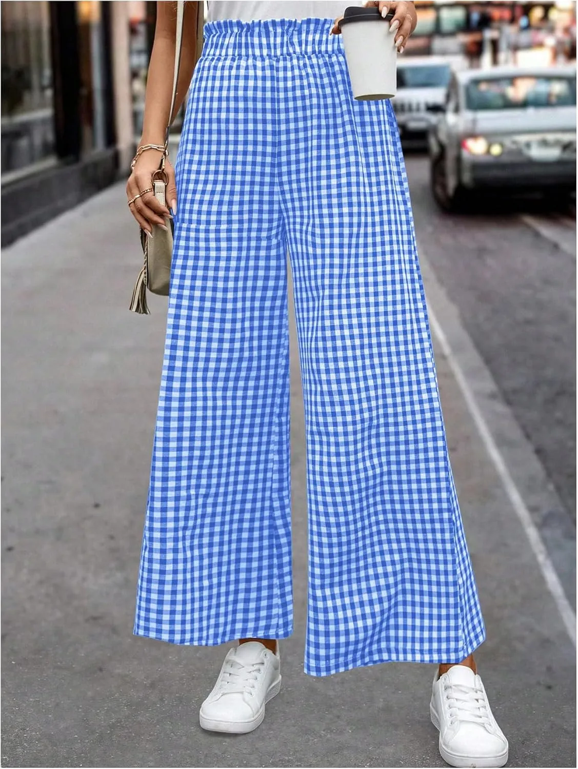 MakeMeChic Women's Gingham Palazzo Long Pants Elastic Waist Wide Leg Frill Trim Straight Loose Trousers