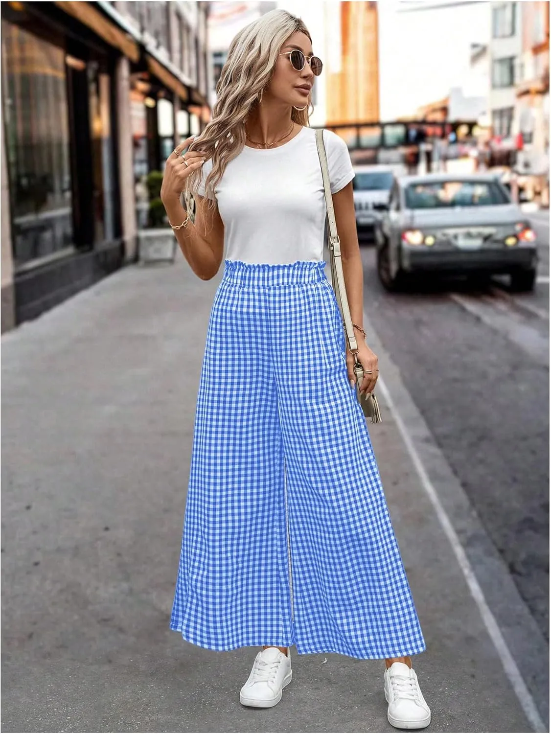 MakeMeChic Women's Gingham Palazzo Long Pants Elastic Waist Wide Leg Frill Trim Straight Loose Trousers