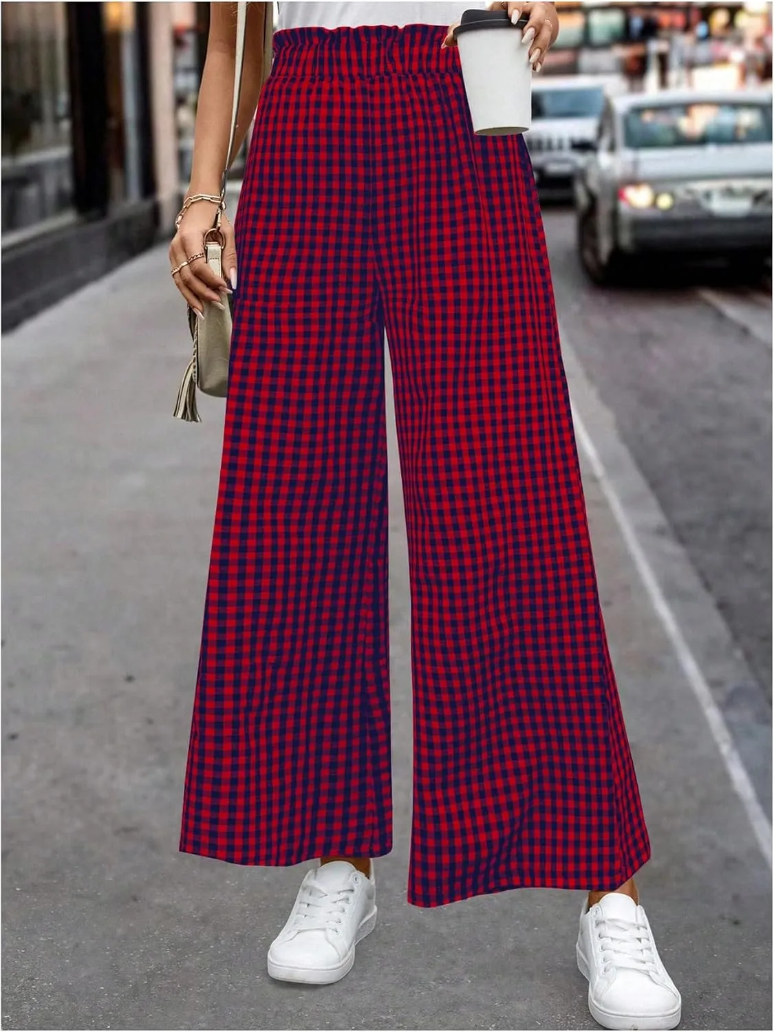 MakeMeChic Women's Gingham Palazzo Long Pants Elastic Waist Wide Leg Frill Trim Straight Loose Trousers