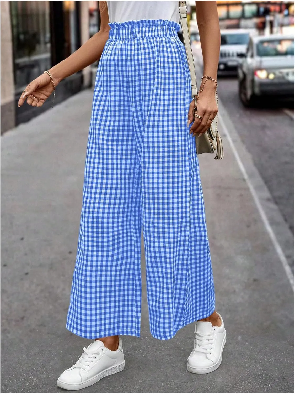 MakeMeChic Women's Gingham Palazzo Long Pants Elastic Waist Wide Leg Frill Trim Straight Loose Trousers