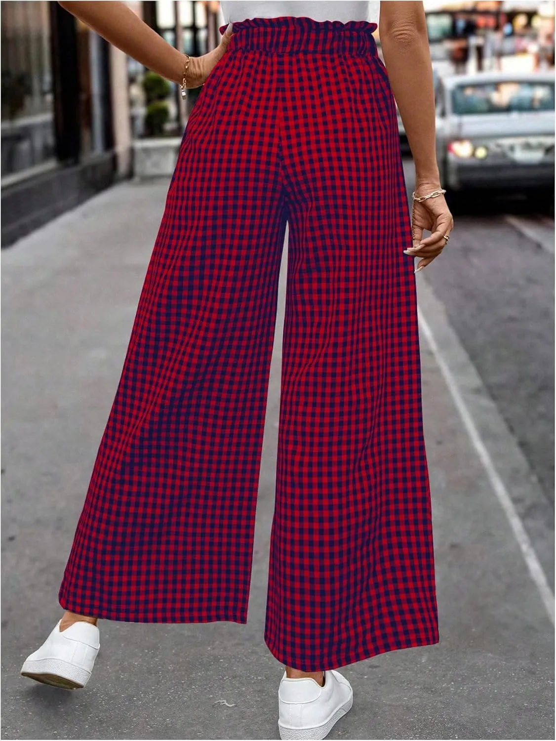 MakeMeChic Women's Gingham Palazzo Long Pants Elastic Waist Wide Leg Frill Trim Straight Loose Trousers