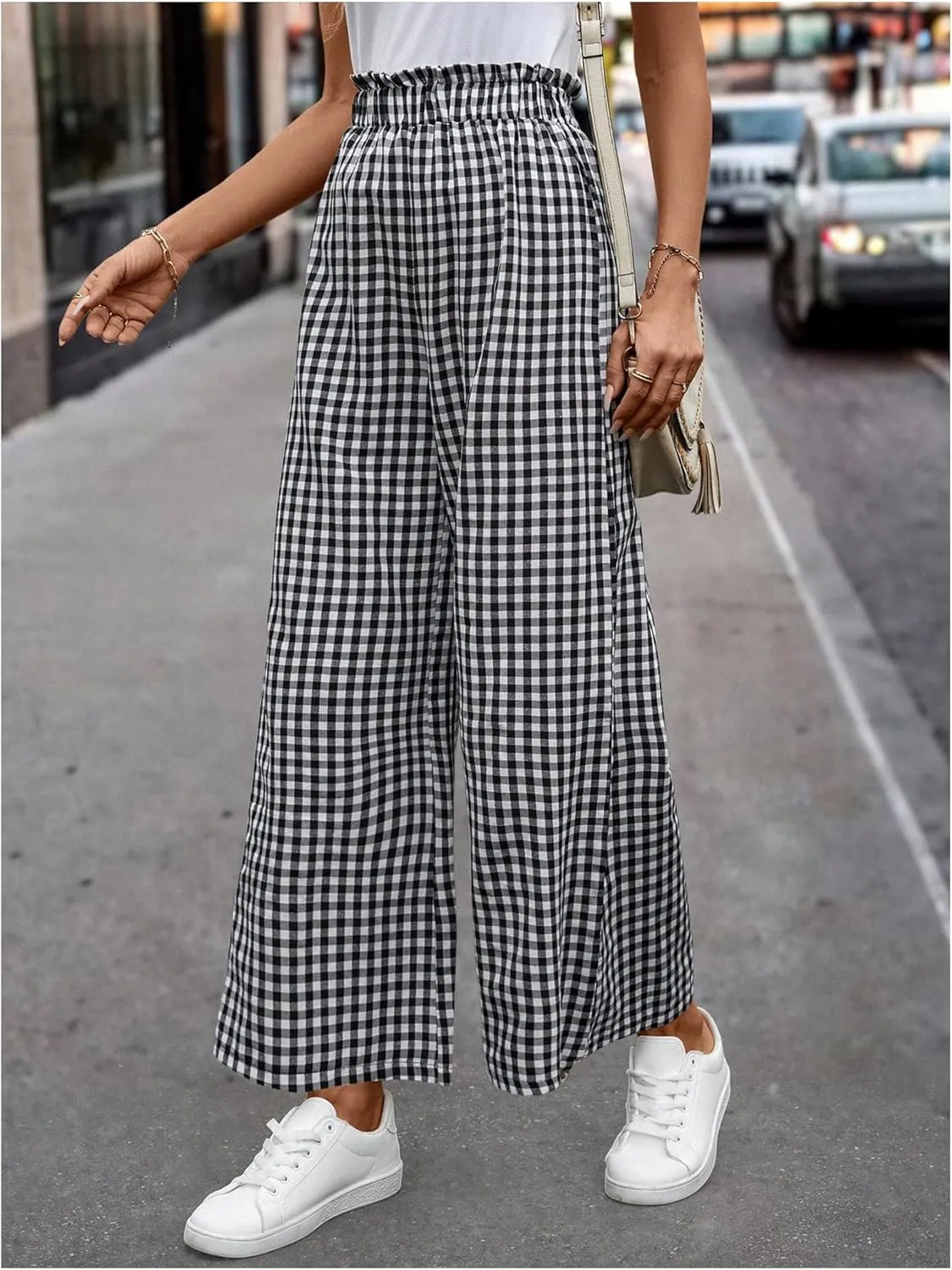 MakeMeChic Women's Gingham Palazzo Long Pants Elastic Waist Wide Leg Frill Trim Straight Loose Trousers