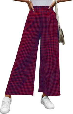 MakeMeChic Women's Gingham Palazzo Long Pants Elastic Waist Wide Leg Frill Trim Straight Loose Trousers