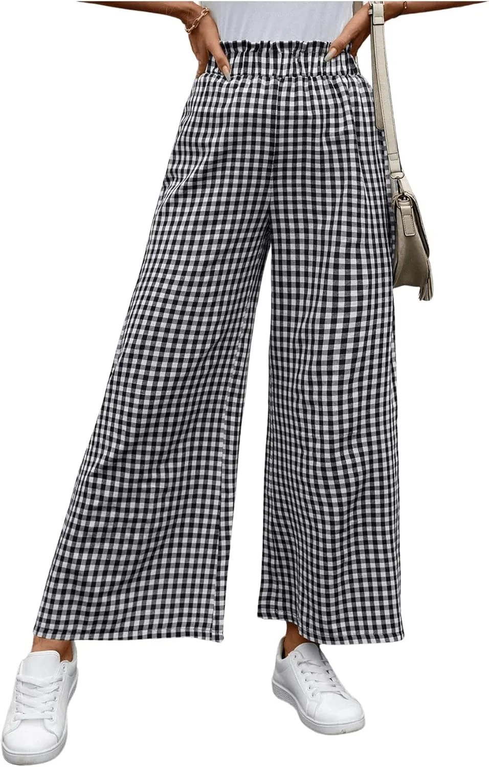 MakeMeChic Women's Gingham Palazzo Long Pants Elastic Waist Wide Leg Frill Trim Straight Loose Trousers