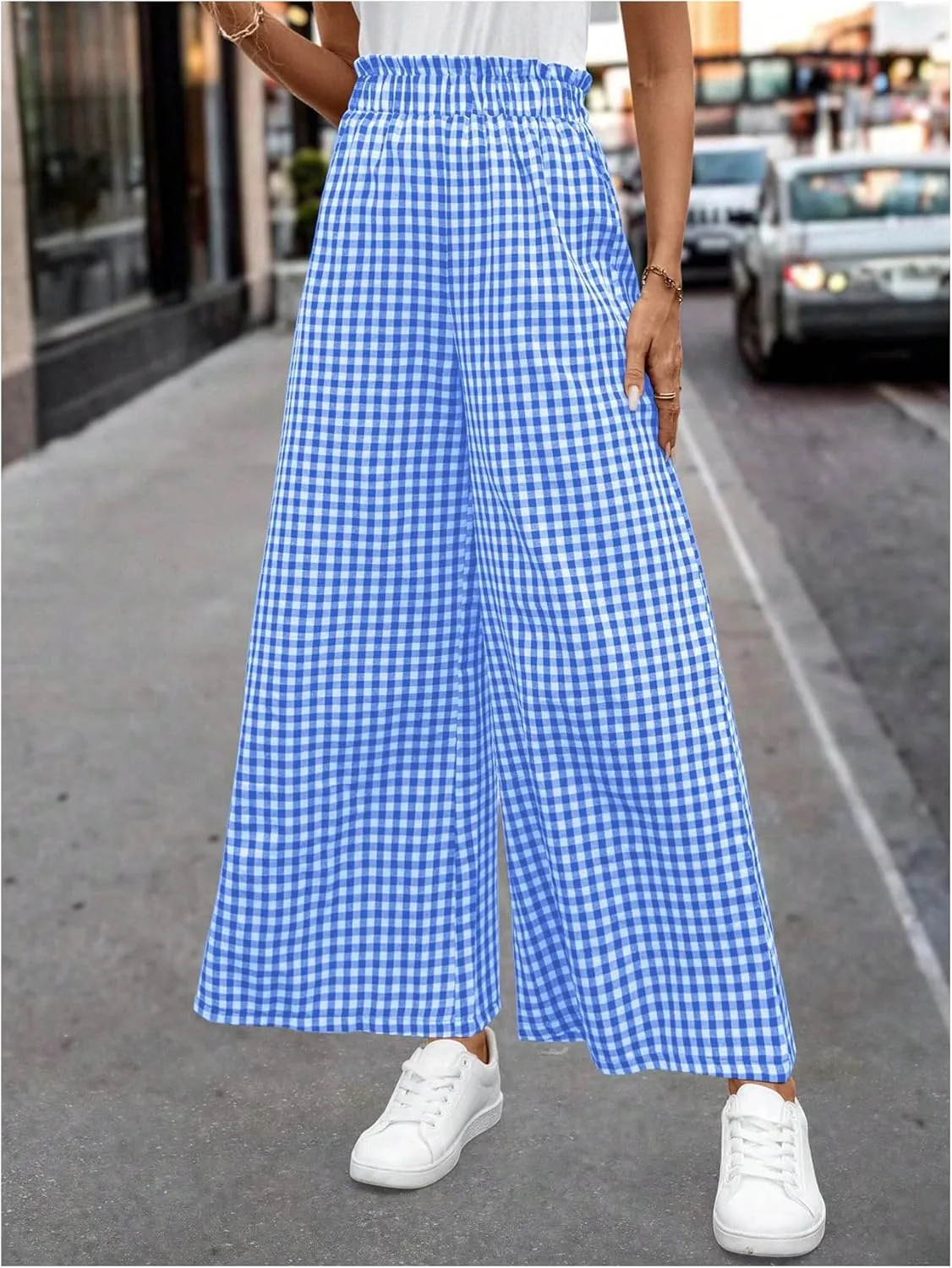 MakeMeChic Women's Gingham Palazzo Long Pants Elastic Waist Wide Leg Frill Trim Straight Loose Trousers