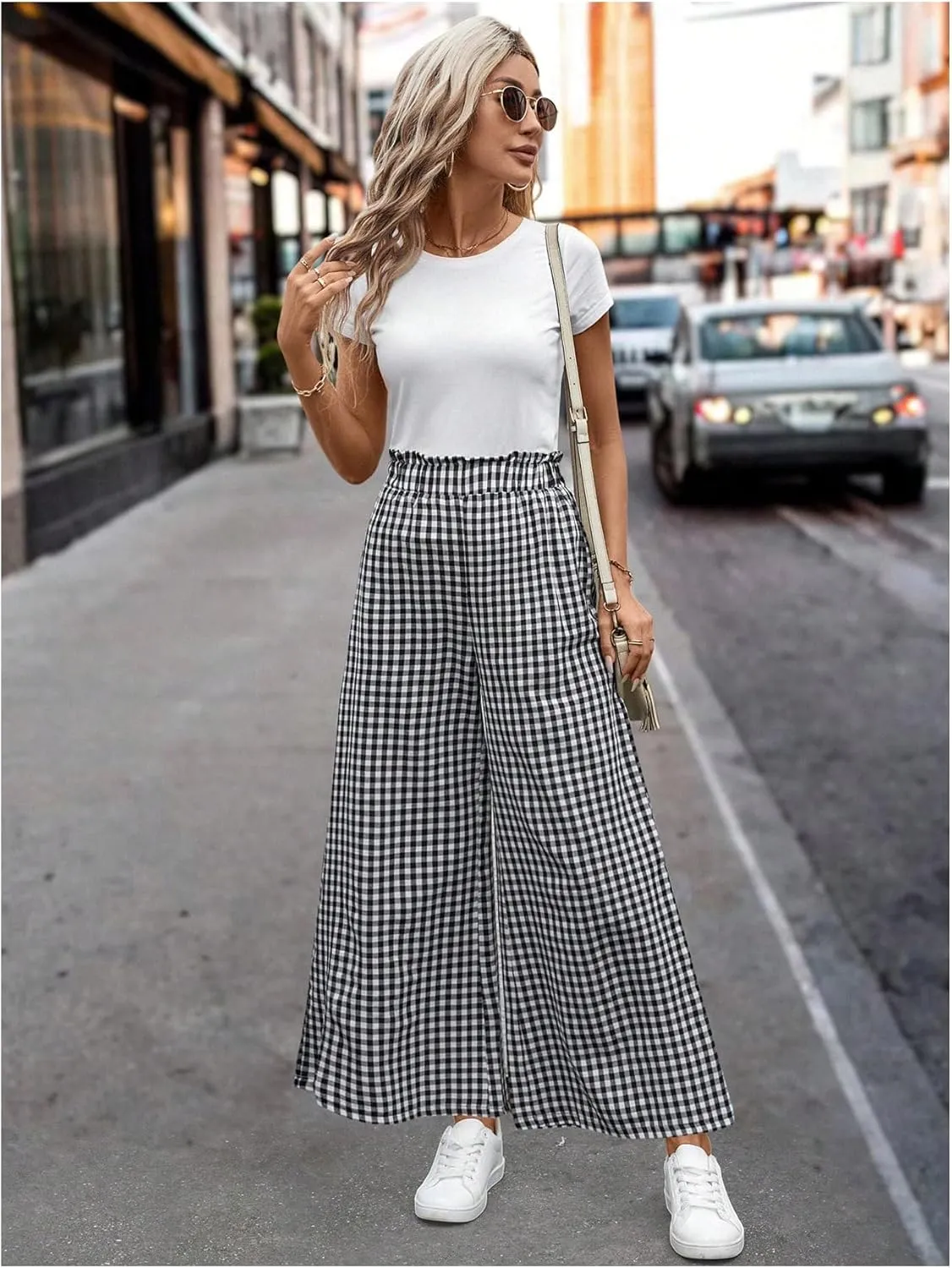 MakeMeChic Women's Gingham Palazzo Long Pants Elastic Waist Wide Leg Frill Trim Straight Loose Trousers
