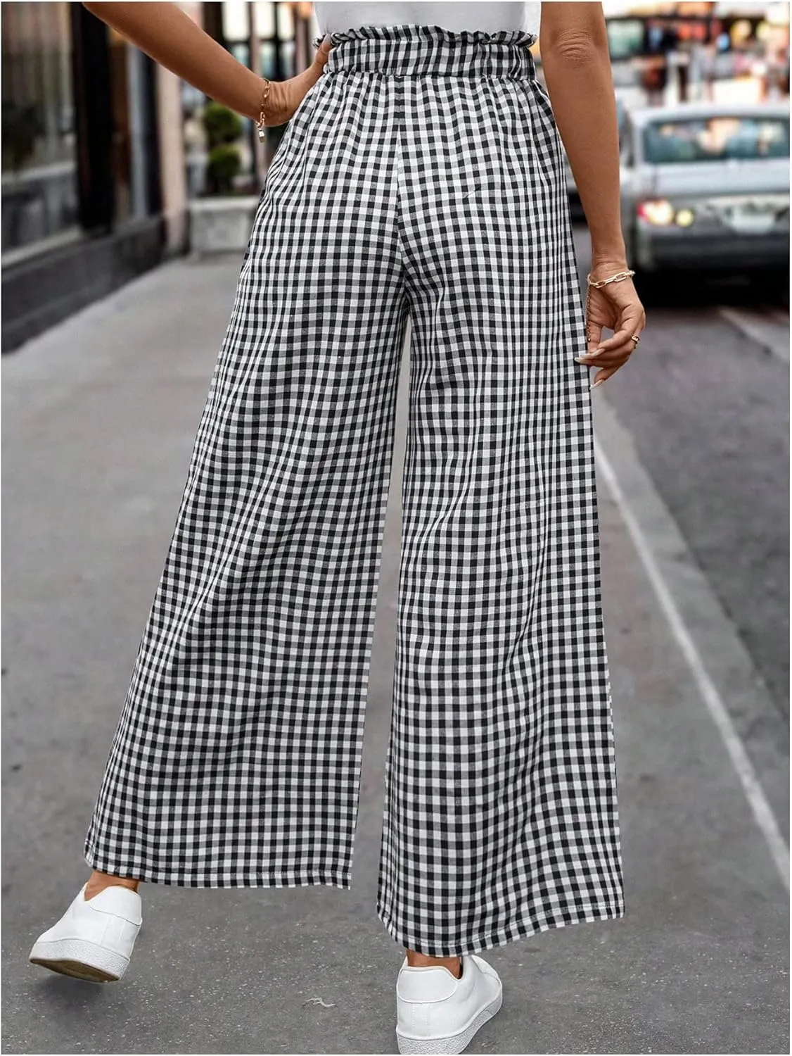 MakeMeChic Women's Gingham Palazzo Long Pants Elastic Waist Wide Leg Frill Trim Straight Loose Trousers
