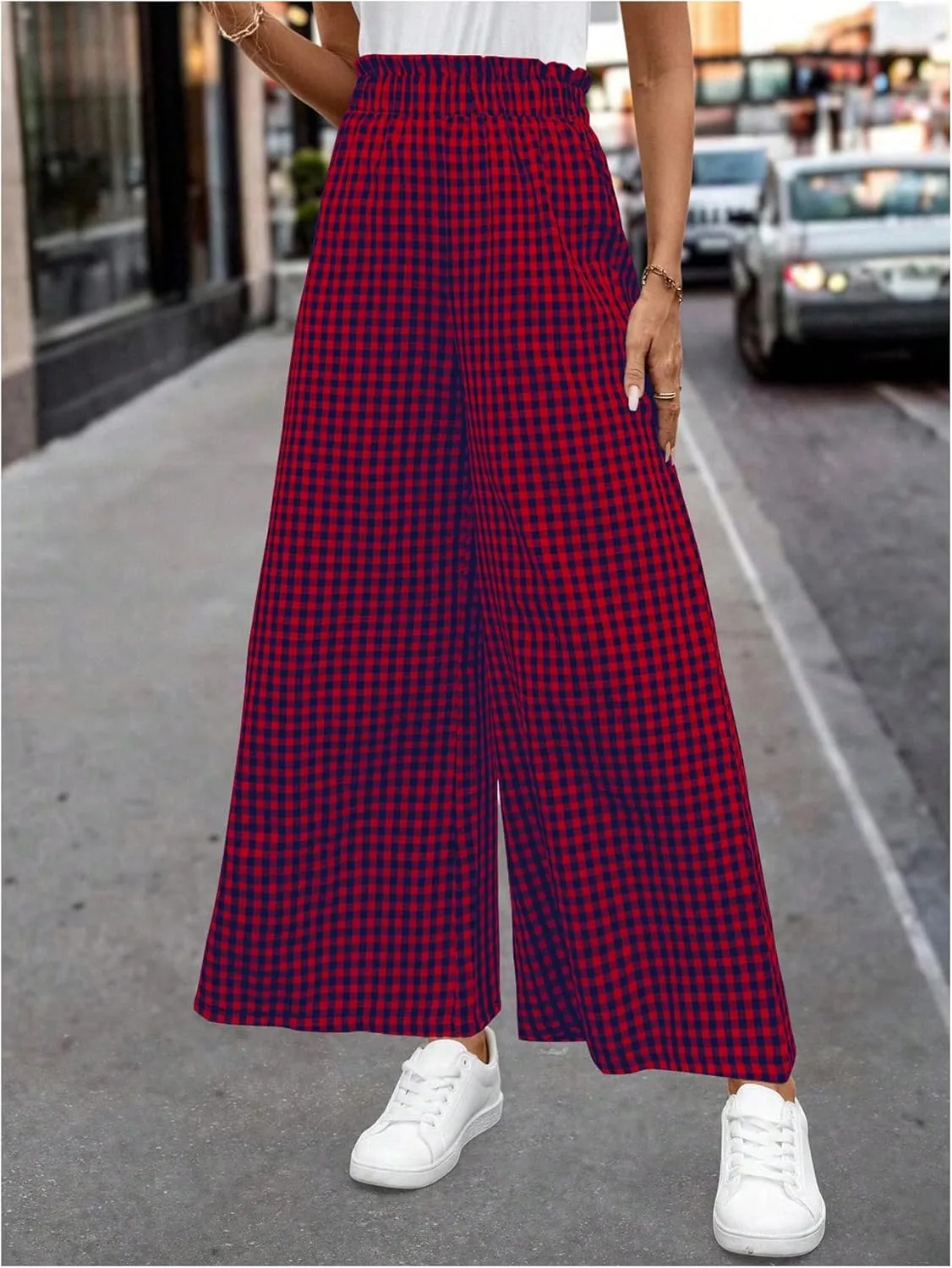 MakeMeChic Women's Gingham Palazzo Long Pants Elastic Waist Wide Leg Frill Trim Straight Loose Trousers