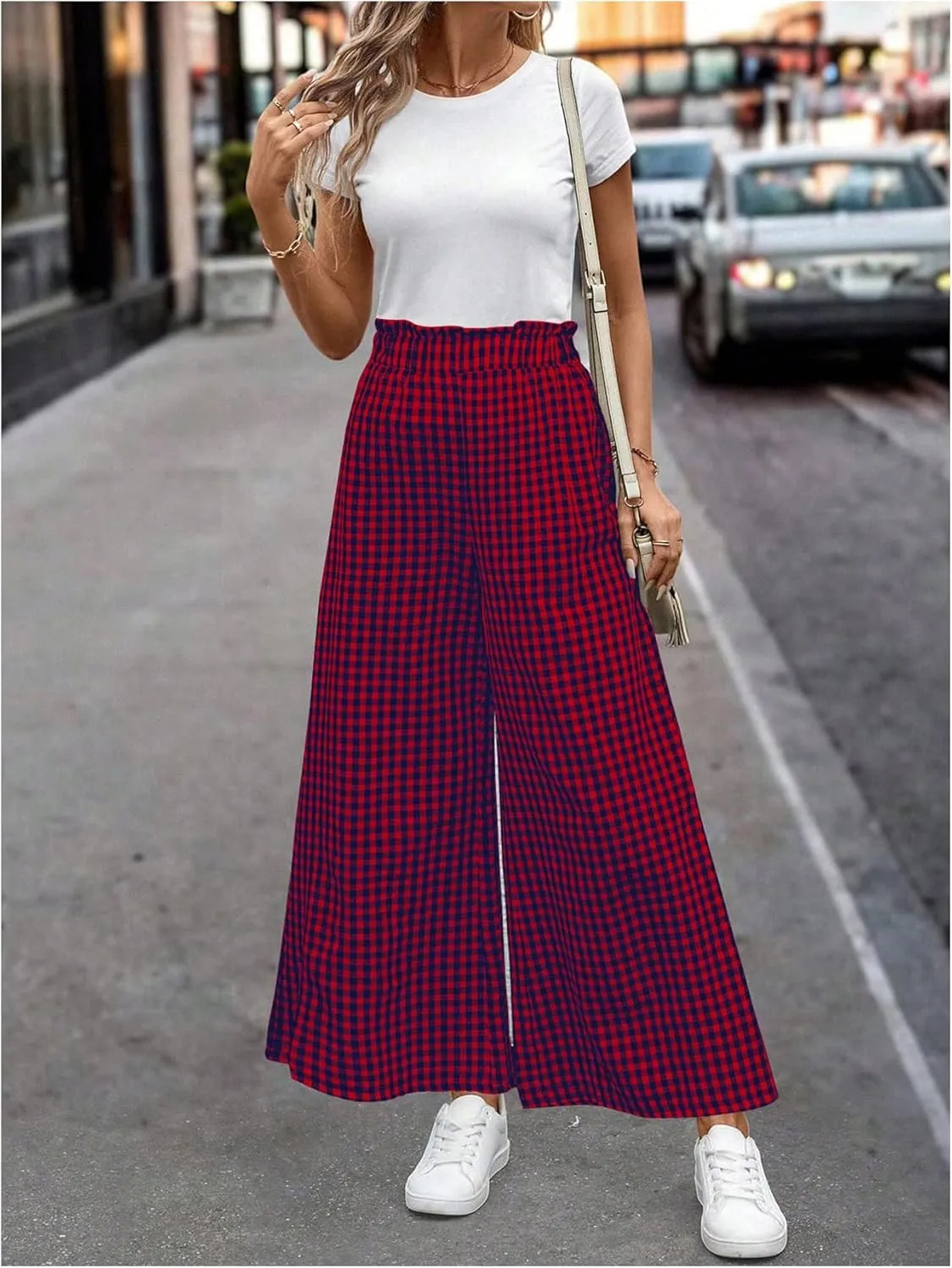 MakeMeChic Women's Gingham Palazzo Long Pants Elastic Waist Wide Leg Frill Trim Straight Loose Trousers