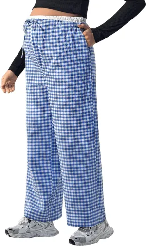 MakeMeChic Women's Maternity Gingham Plaid Pants High Waist Drawstring Straight Pregnancy Trousers
