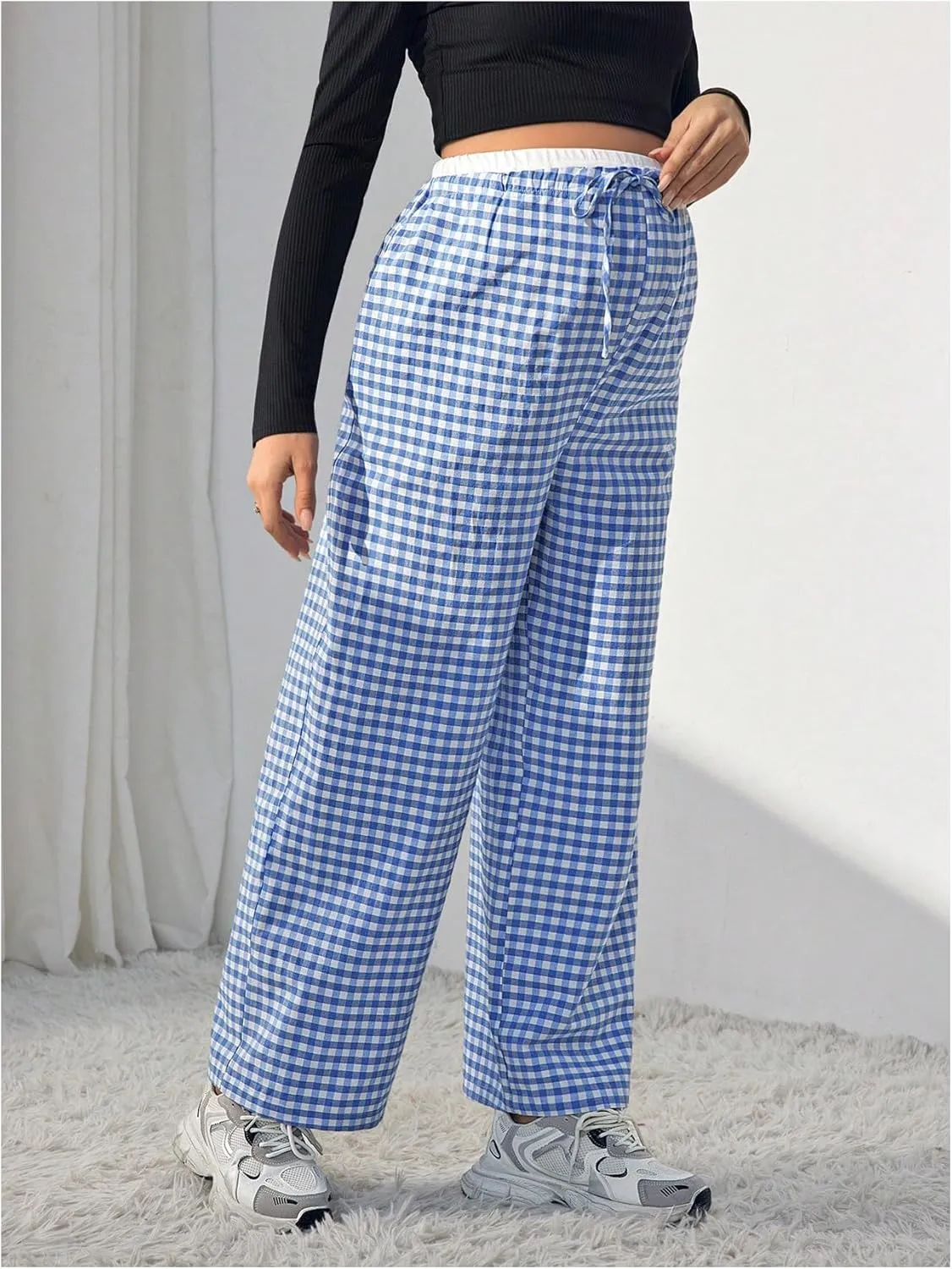 MakeMeChic Women's Maternity Gingham Plaid Pants High Waist Drawstring Straight Pregnancy Trousers
